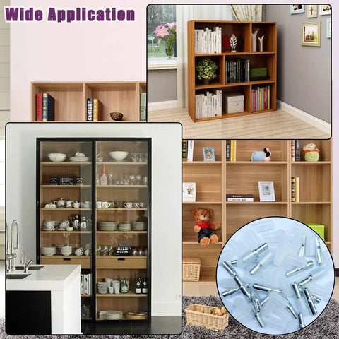 Heavy Duty Twenty Pack Stainless Steel Shelf Support Pegs With Silent Rubber Liners For 5 Mm And Quarter Inch Cutouts, displayed in modern wood cabinets.