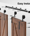 Installation diagram of 6.6 Foot Single Track Bypass Barn Door Hardware Kit for Double Doors with antique rollers for cabinet.