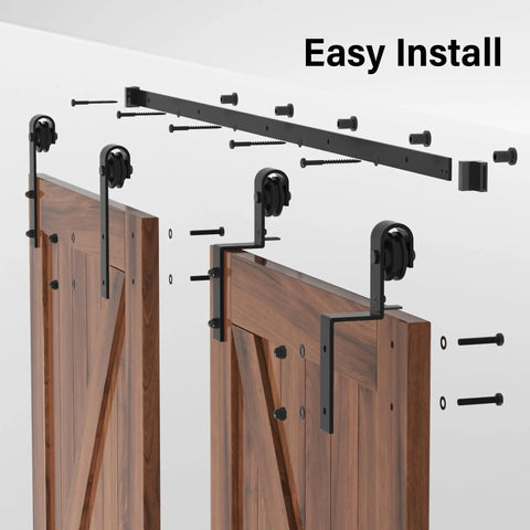 Installation diagram of 6.6 Foot Single Track Bypass Barn Door Hardware Kit for Double Doors with antique rollers for cabinet.