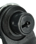 Close-up of push button latch keyhole from Push Button Latch 2 Pack With Key For Motorcycle And Boat Glove Box Durable Plastic Quick Release Lock Marine Grade Storage Access Includes Gaskets And Mounting Rings No Fuss DIY Install In Upright Marine Box.
