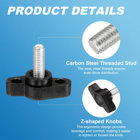 Heavy Duty M5 X 12mm Tee Wing Thumb Screws 6 Pack Carbon Steel Quick Swap Clamping Bolts with black handles and threaded stud.