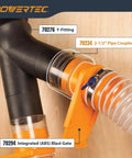 2-1/2 Inch Clear Pipe Coupling for Dust Collection System connected between a black Y-fitting and a flexible hose on a wooden surface.