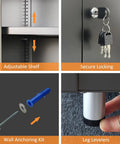 Locking Metal Storage Cabinet With Adjustable Shelves, secure lock, wall anchoring kit, leg levelers detail, compact lockable