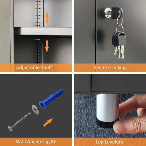 Locking Metal Storage Cabinet With Adjustable Shelves, secure lock, wall anchoring kit, leg levelers detail, compact lockable