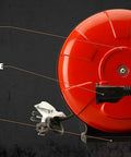 Medium Duty Retractable Extension Cord Reel With 30 Foot 14 3 SJTW Cord Grounded Tri Tap Heavy Duty Steel Reel Wall Or Ceiling Mount Ready Includes Hardware UL Listed Red And Black Must Have Garage Or Workshop Cable Organizer on display with labels highlighting features.
