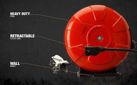 Medium Duty Retractable Extension Cord Reel With 30 Foot 14 3 SJTW Cord Grounded Tri Tap Heavy Duty Steel Reel Wall Or Ceiling Mount Ready Includes Hardware UL Listed Red And Black Must Have Garage Or Workshop Cable Organizer on display with labels highlighting features.