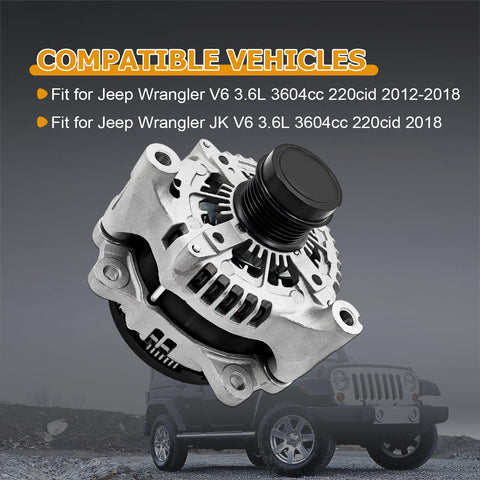 High Output 300 Amp Alternator Replacement For Jeep Wrangler JK 3.6L V6 2012 Through 2018 Drop In Install With OE Style Fit And 421000 0810 68078950AA Compatibility, front view with Jeep image