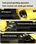 Portable Electric Drill Sharpener For Knives And Chisels With Adjustable Angle Grinding Head in use with drill bit alignment setting.