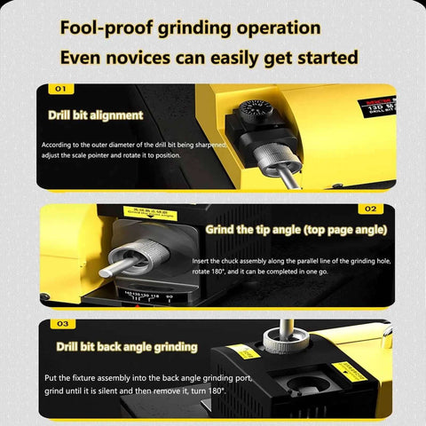 Portable Electric Drill Sharpener For Knives And Chisels With Adjustable Angle Grinding Head in use with drill bit alignment setting.