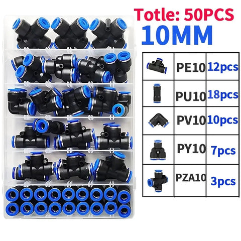 Snazz Up Your Shop With This Awesome 50 Pc Pneumatic Fitting Kit Featuring Quick Push In Air Connectors And Adapters Compatible With 10 Mm Hose Pipe Tube For Fast Compressor And Tool Setup. 10mm air fittings in organizer tray