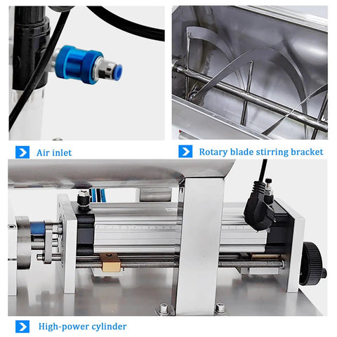 Air inlet, rotary blade stirring bracket, and high-power cylinder of Straight Up Heavy Duty Stainless Steel Paste Filling Mixer Machine.