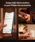 Phone showing Alexa setup, person using Wall Tap Dial Dimmer Switch For Smart Lights White 1 Pack Easy Wireless Setup No Wiring Required Requires Bridge Works With Hue Compatible Lights Portable Dimmer Control With Battery Included on wall and remotely.
