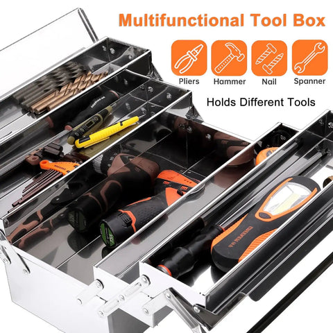 Cantilever Tool Box With Folding Clamshell Design, Pro Grade Stainless Steel Grab And Go Portable Storage Carrier with tools