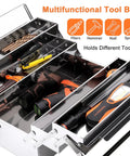 Hella Durable Stainless Steel Portable Toolbox With Foldable Clamshell Design holding various tools in cantilever drawers.