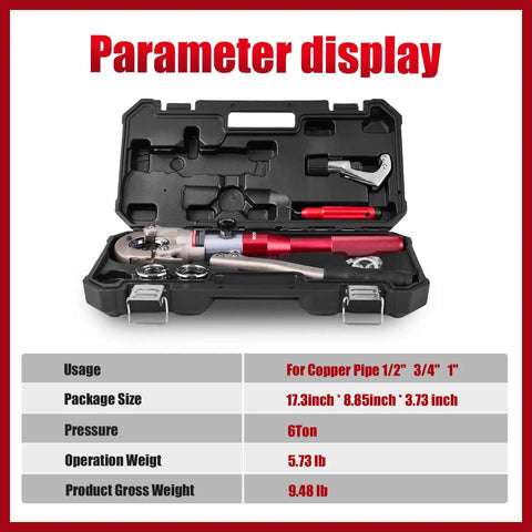 Hydraulic Copper Propress Tool For Fast 6 Ton Pipe Crimping In HVAC Pro Grade Multi Diameter Capability For Copper And Aluminum Tubes Ergonomic Grip For Quick Hex Crimps, case with 1/2 to 1 inch dies