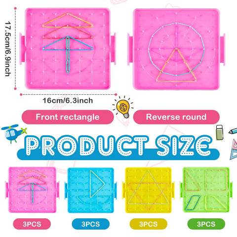 Twelve Double Sided Geoboards With Rubber Bands For Kids Geometry Learning Classroom Set Back To School Durable Plastic Six Point Nine By Six Point Three Inches Great For Teachers And Fam Math Activities, showing pink, blue, yellow, green boards