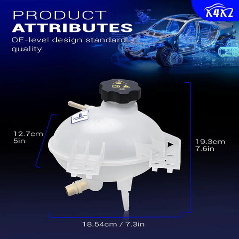 Front Engine Coolant Reservoir Radiator Expansion Tank With Cap Fits Jeep Compass Renegade And Fiat 500X showing dimensions and design features.