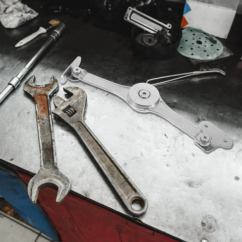Soft Close Cabinet Door Hinges With Lift Stay Support And Hydraulic Damper, 2 Pack, alongside wrenches on workbench