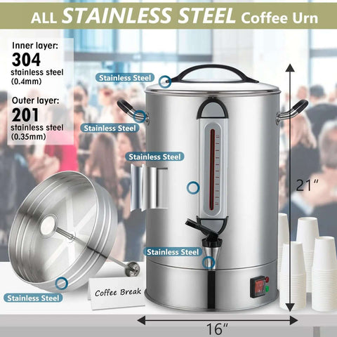 Heavy Duty 24L Commercial Coffee Urn With Quick Brew Dispenser For Catering And Events, 160 Cup Capacity Stainless Steel, Large Batch Coffee Maker with lid displayed