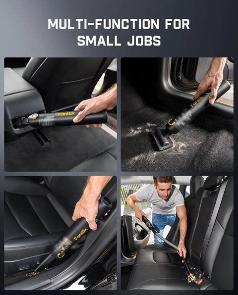 Fanttik Slim V8 APEX car vacuum, black, 4-in-1 cordless handheld cleaner used to clean car seats, floors and mats.