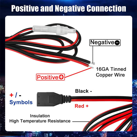 Diagram of 2-Wire CB Power Cable With 3 Pin Plug And 15A Fuse showing positive and negative connections with red and black wires.