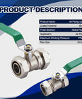 3/4 Inch Nickel Plated Brass Ball Valve for air lines with green handle and specs chart in background.