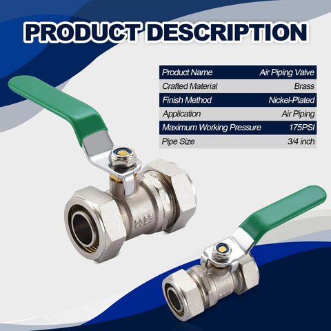 3/4 Inch Nickel Plated Brass Ball Valve for air lines with green handle and specs chart in background.