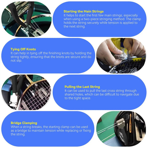 Starting Clamp For Tennis And Badminton Stringing With Four Springs Beefy Zinc Alloy Body And Spring Steel Clamp For Secure Racquet Threading Durable Stringer Tool Built For Pro And Amateur Stringers EVKILI shown in use on a tennis racquet with detailed descriptions of starting strings, tying knots, pulling strings, and bridge clamping.