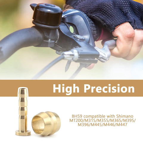 Image of a brass disc brake hose olive and barb set next to a bicycle handlebar, ideal for BH59 hydraulic disc brakes.