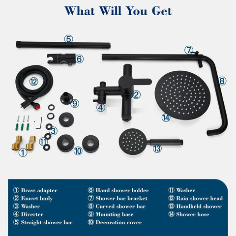 Components of Matte Black Outdoor Shower System With Exposed Install Built To Last All In One Shower Fixture Made From SUS304 Stainless Steel And Brass