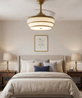 Velsgate 48 Inch Retractable Ceiling Fans with Lights and Remote in a stylish bedroom setting with neutral colors.