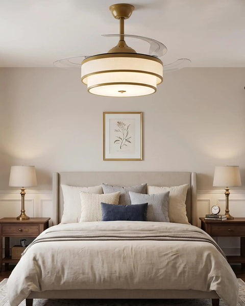Velsgate 48 Inch Retractable Ceiling Fans with Lights and Remote in a stylish bedroom setting with neutral colors.