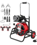 Heavy Duty Auto Feed Drain Cleaner Machine With 100 Ft Steel Cable, Portable Motorized Sewer Snake with wheels and foot pedal.