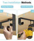 Two installation methods for 2 In 1 Under Desk Cable Management Tray And Privacy Panel With Dual Sided Felt Cord Organizer; clamp and screw mount shown.