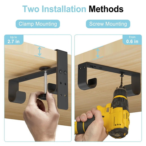 Two installation methods for 2 In 1 Under Desk Cable Management Tray And Privacy Panel With Dual Sided Felt Cord Organizer; clamp and screw mount shown.