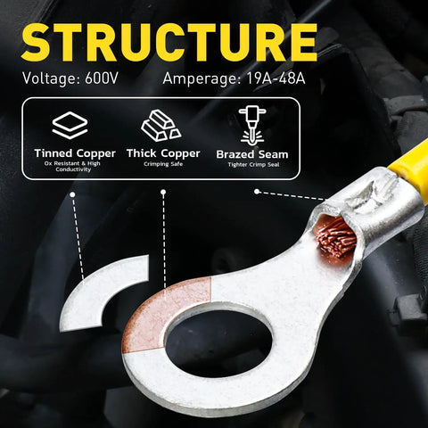 Non Insulated Ring Terminal Kit 50 Pcs For Wire Gauge 12 To 10 AWG Brazed Seam Copper Tinned Terminals structure details