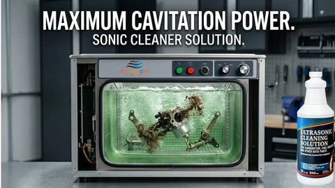 Top Notch Ultrasonic Cleaner Fluid For Carburetors And Engine Parts That Cuts Right Through Grease Varnish And Road Grime Fast For Garage Crews And Bikers in action inside a sonic cleaner.