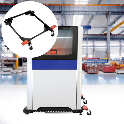 Heavy Duty Adjustable Mobile Base Stand With 500 Pound Capacity Rock Solid Steel Frame with swivel wheels in workshop.