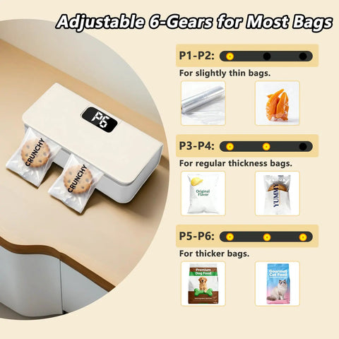 Rechargeable Mini Bag Sealer With LED Power Display showing six adjustable gears for sealing various bag thicknesses