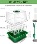 All In One Seed Starter Tray Kit 10 Pack With 120 Cells And Heightened Lids Humidity Dome For Indoor Gardening Seedlings Thickened Trays Great For Germination And Cuttings Green, showing detailed components including clear lid, cell tray, and base tray.