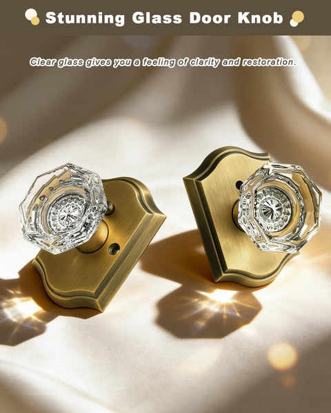 Clear Glass Diamond Door Knob Set With Privacy Lock In Antique Brass Finish, Keyless Interior Door Knob for Bedroom and Bathroom