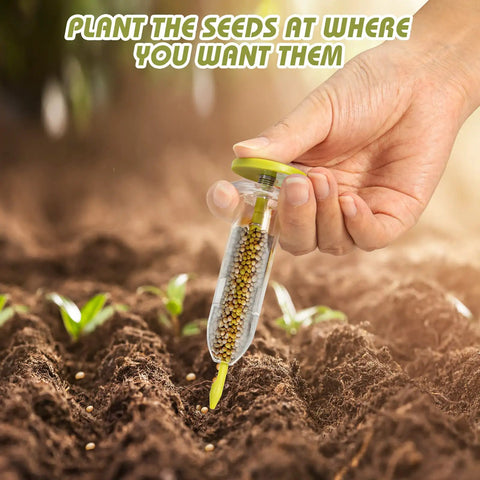 Hand using 17 Pack Seed Planter Tool Hand Seeder Mini Sowing Seed Dispenser in garden soil with sprouts