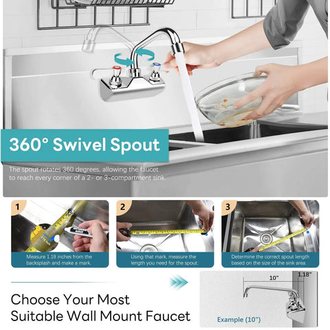 Leak Free Heavy Duty Commercial Kitchen Sink Faucet With 4 Inch Center And 10 Inch Swivel Spout shown in use