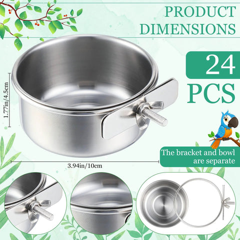 Stainless steel bird cage feeding bowls 24-pack with clamps