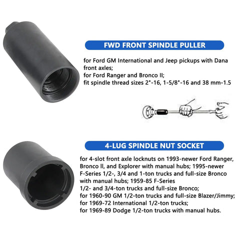 Beefy Spindle Nut Socket Set, 6 Piece Half Inch Drive Kit For Axle Lock Nuts, featuring FWD front spindle puller and 4-lug spindle socket