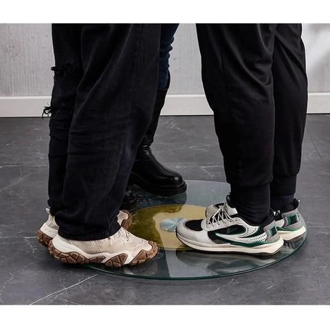 Tempered Glass Lazy Susan Turntable For Dining Table with shoes demonstrating strength, quiet smooth spin, available in 20, 23.5, 27.5, 31.5 inches