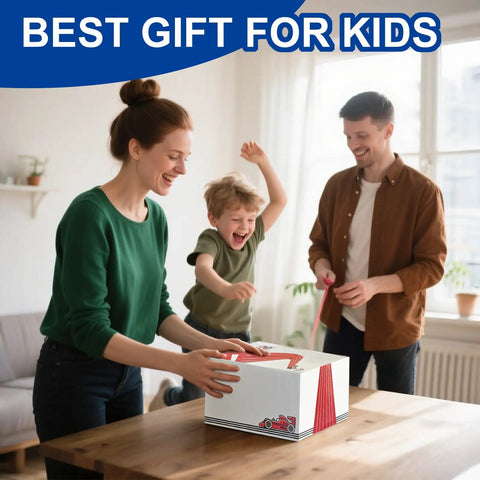 Family unboxing a 15 Ft Flexible Race Track Kit For 1:64 Diecast Cars on a kitchen table