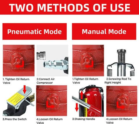 Diagram showing pneumatic and manual modes of Beefy 20 Ton Bottle Jack With Manual Hand Pump And Air Hydraulic Lift combinations.