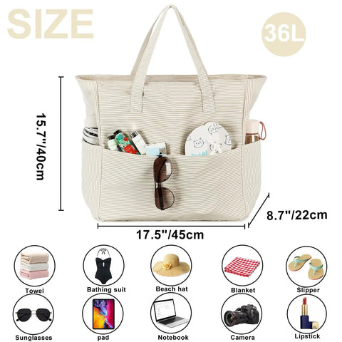 Large 36L Waterproof Beach Tote Bag For Women With Zipper Wet Pocket Sandproof Lightweight Foldable Carryall Khaki White Stripes