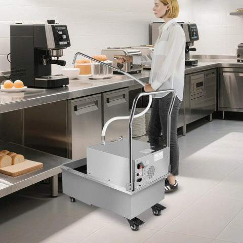 Heavy Duty Commercial Fryer Oil Filter Machine With Cart 55L Stainless Steel Storage Tank in a restaurant kitchen.